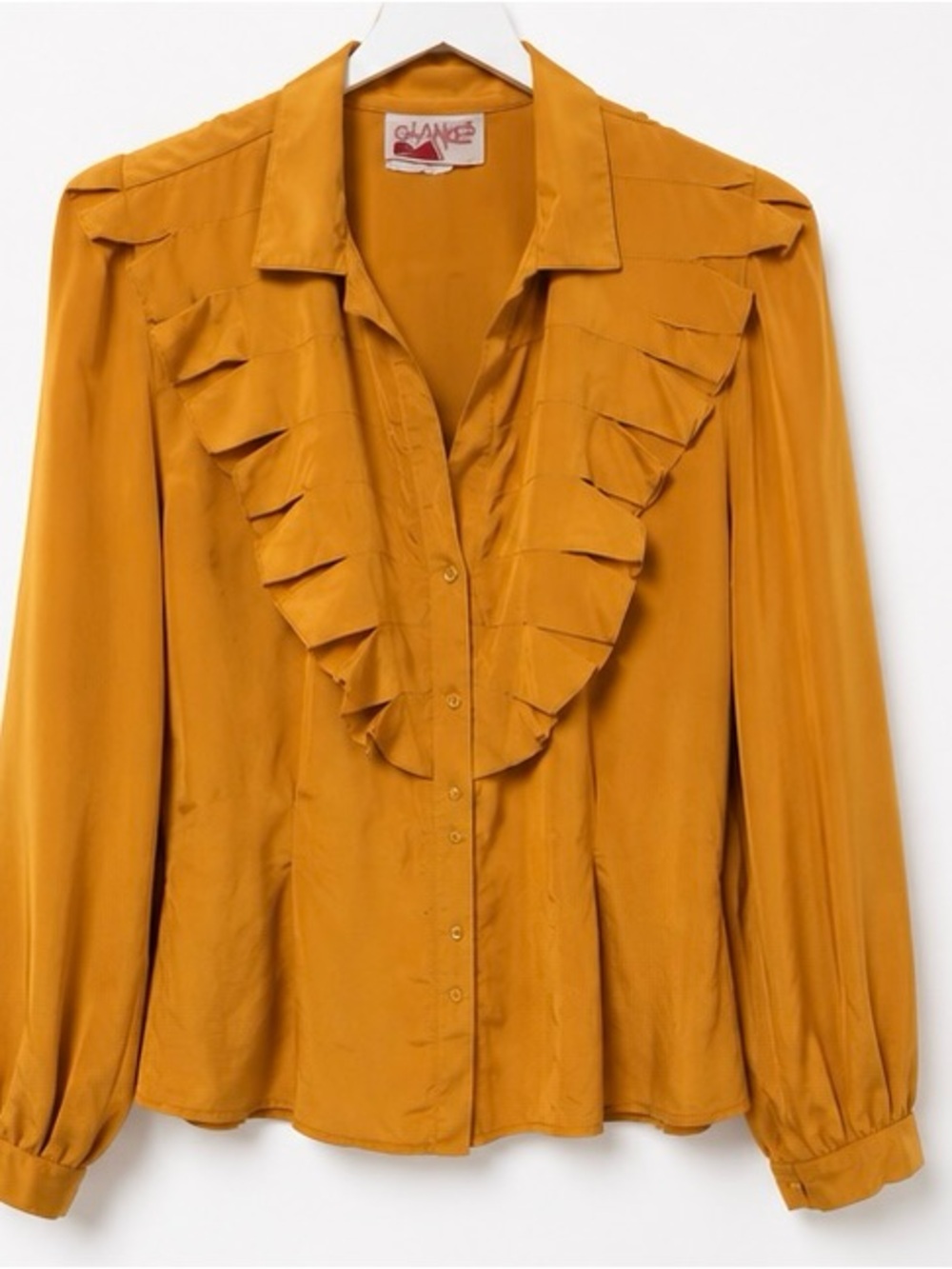 Vintage 70s Glances Sue Wong Mustard Ruffle Western Prairie Blouse Long Sleeve